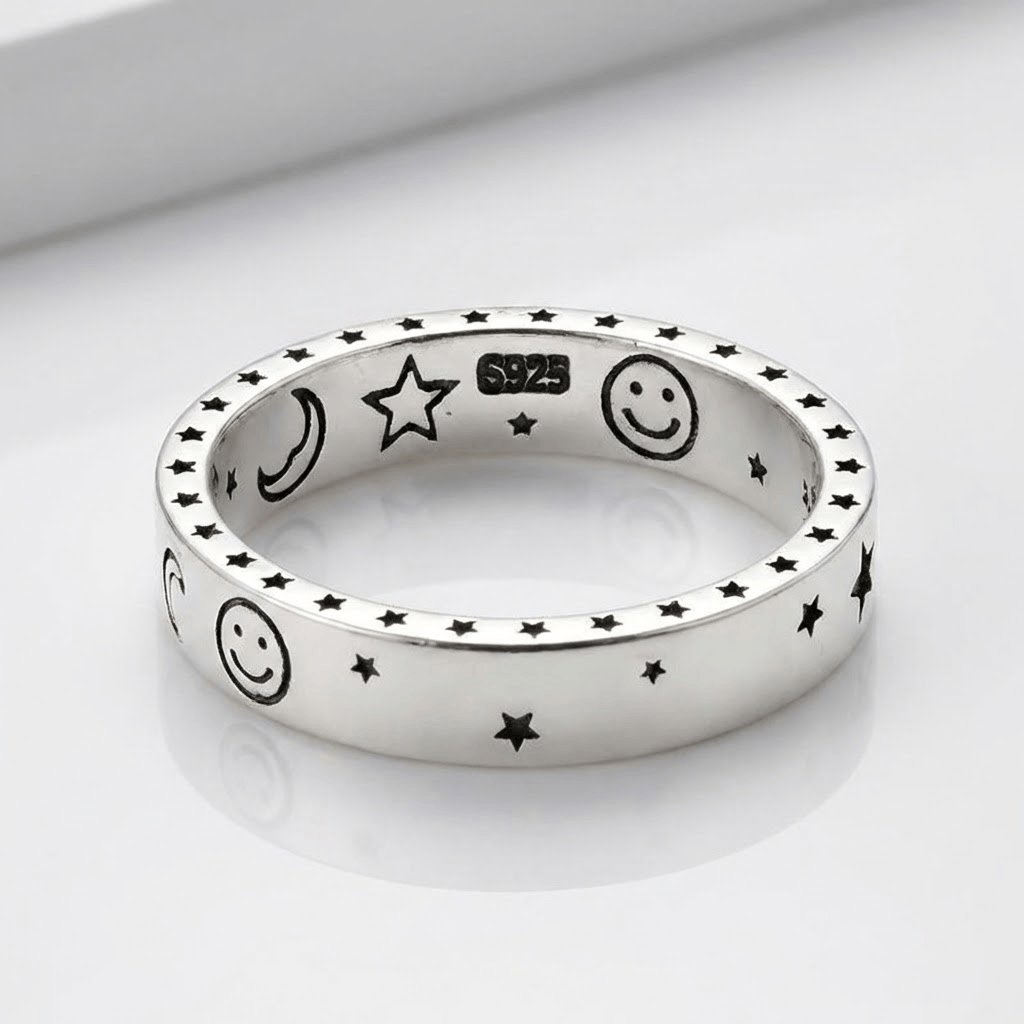 HAPPY MOON &amp; STARS SILVER BAND RING - (ADJUSTABLE)