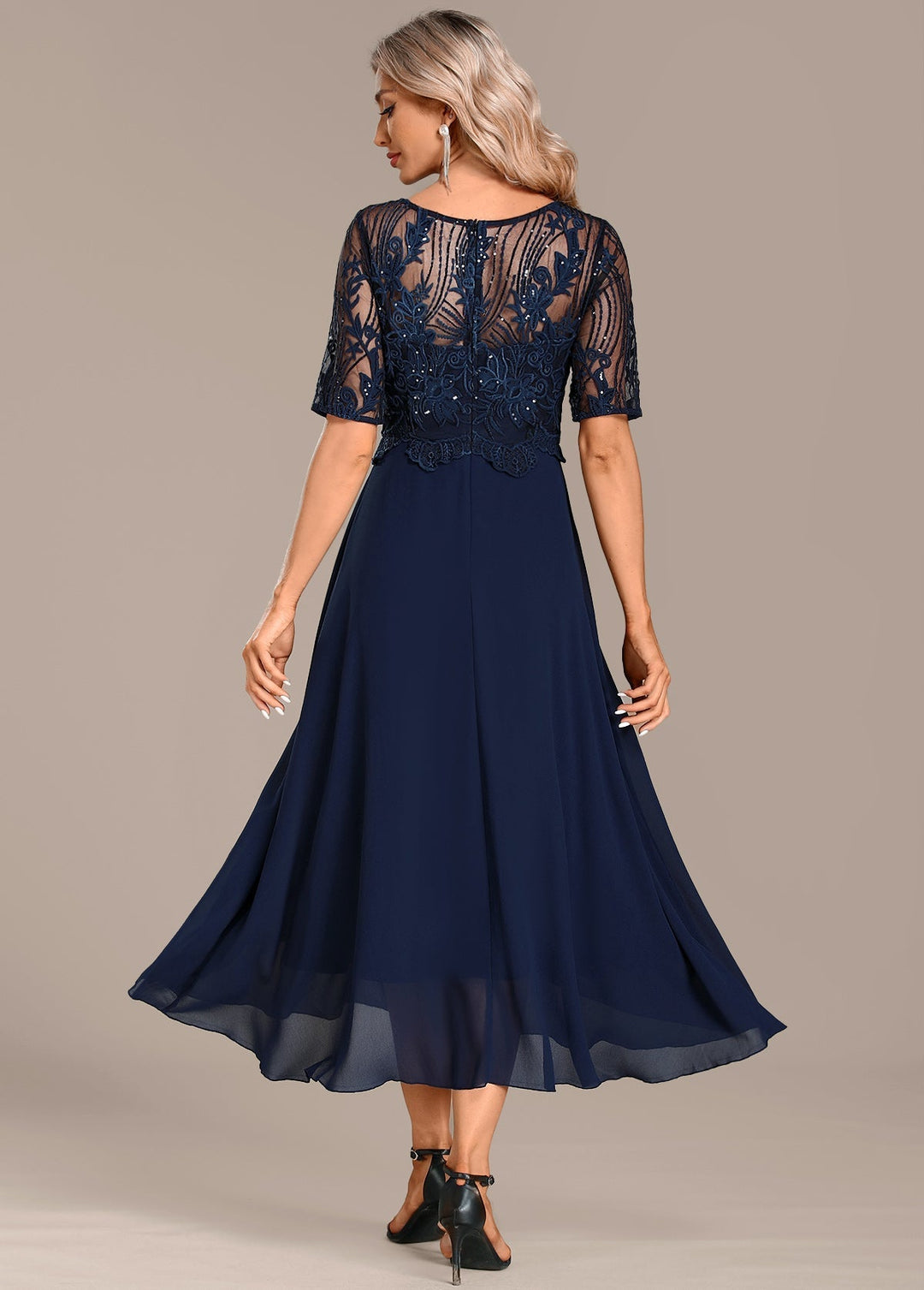 Sophie - Navy Lace Short Sleeve Round Neck Dress