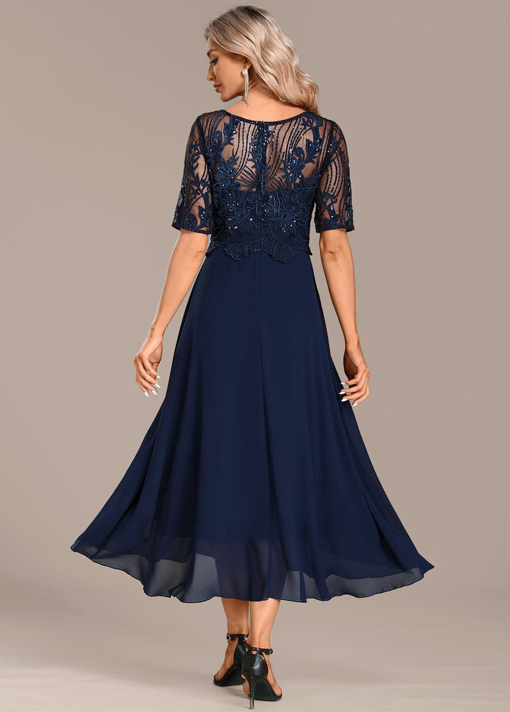 Sophie - Navy Lace Short Sleeve Round Neck Dress