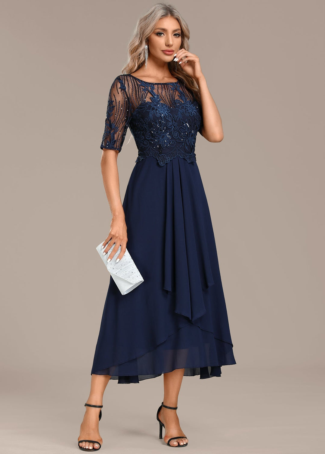 Sophie - Navy Lace Short Sleeve Round Neck Dress