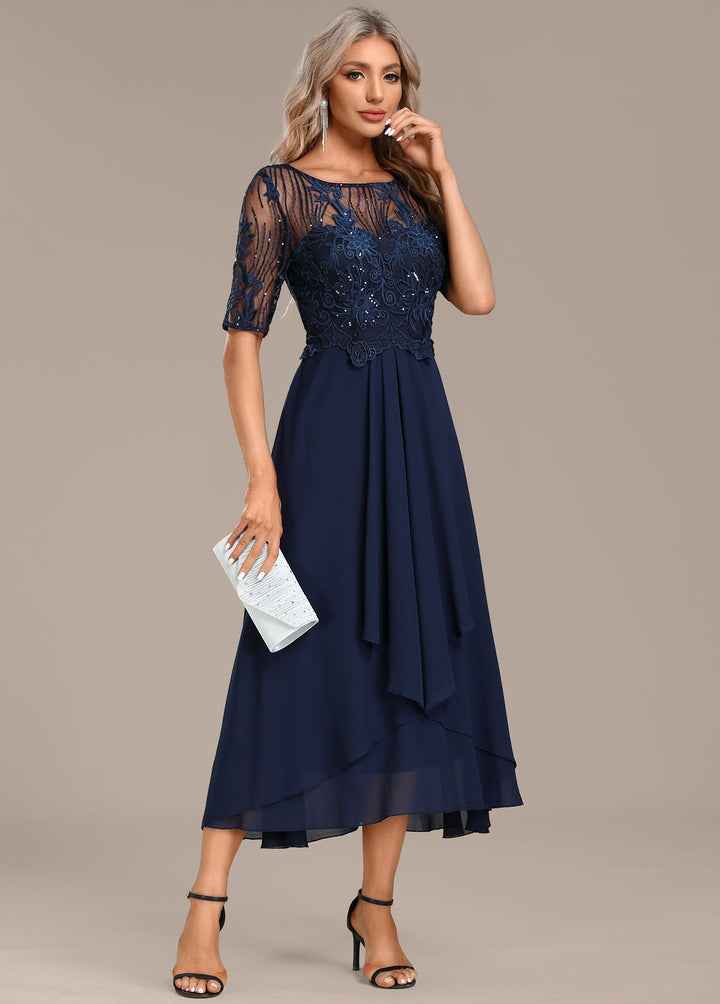 Sophie - Navy Lace Short Sleeve Round Neck Dress
