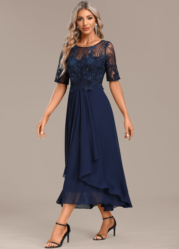 Sophie - Navy Lace Short Sleeve Round Neck Dress