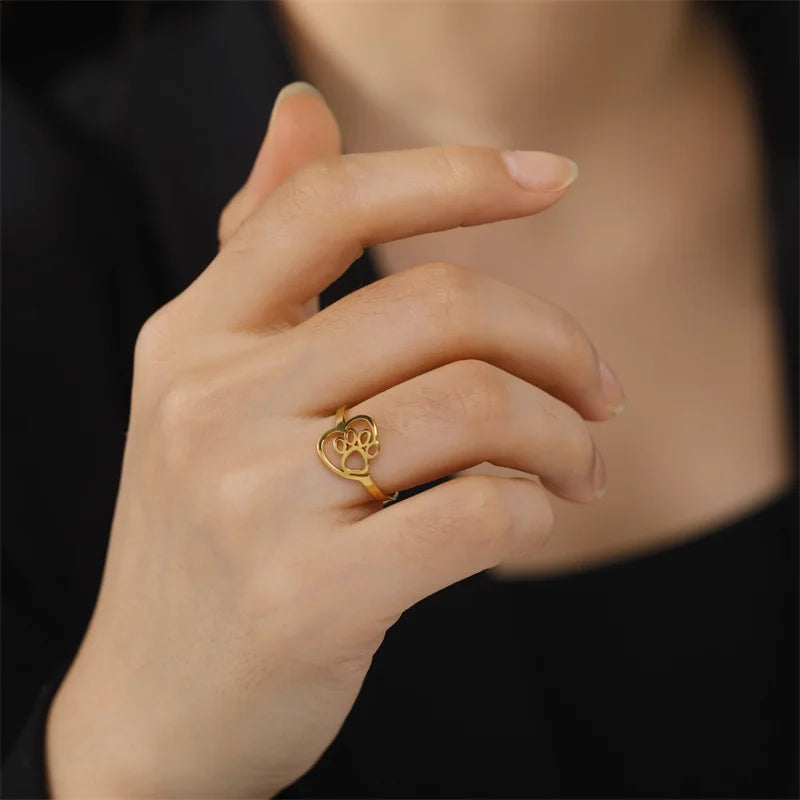Gold-Tone Paw &amp; Heart Ring – Stainless Steel Jewelry for Pet Lovers