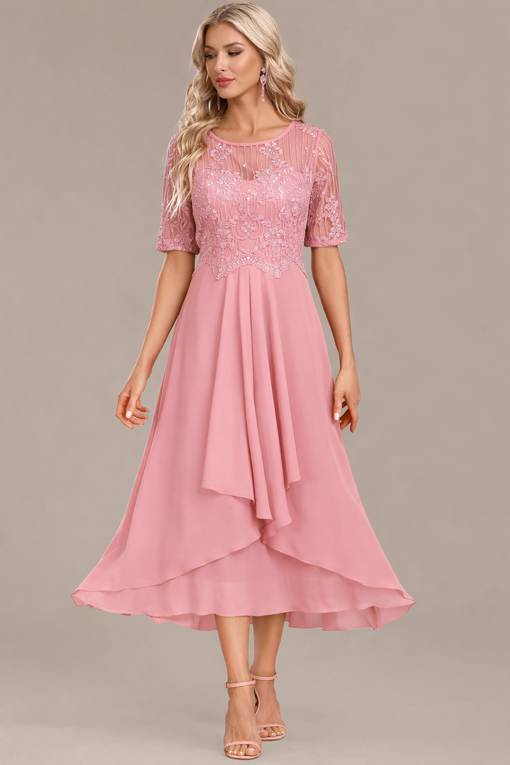 Sophie - Navy Lace Short Sleeve Round Neck Dress