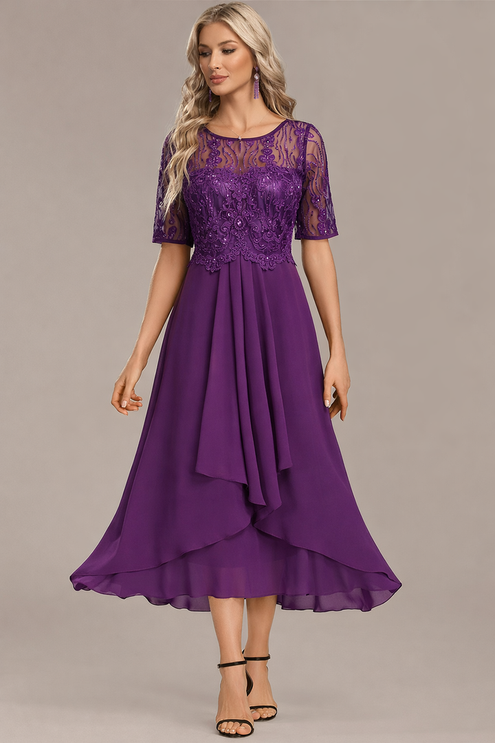 Sophie - Navy Lace Short Sleeve Round Neck Dress