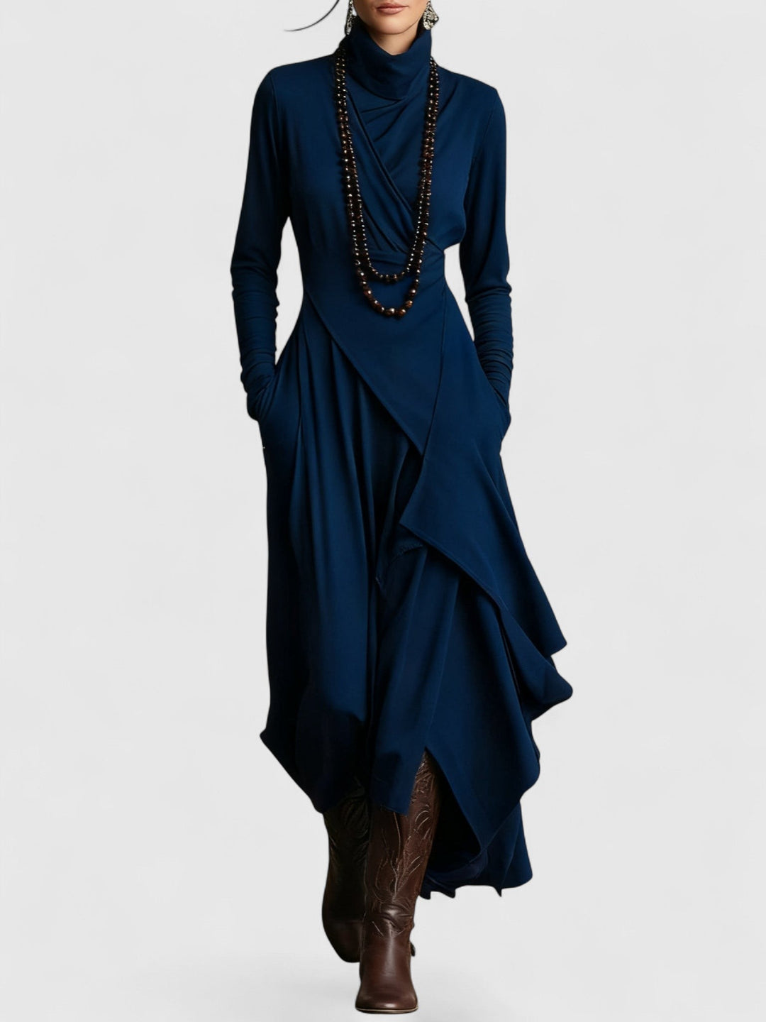 Janice - High neck Asymmetrical Pleated Maxi Dress