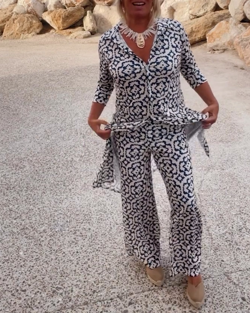 Livia | Vintage Printed Blouse &amp; Pants Set