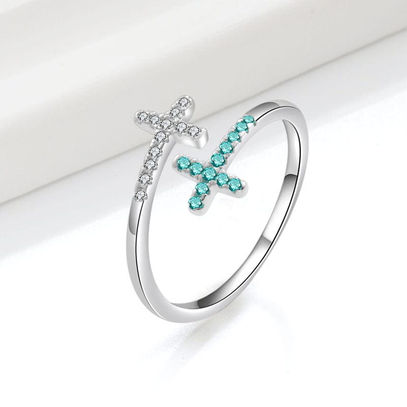 DOUBLE CROSS TURQUOISE &amp; SILVER RING - (ADJUSTABLE)