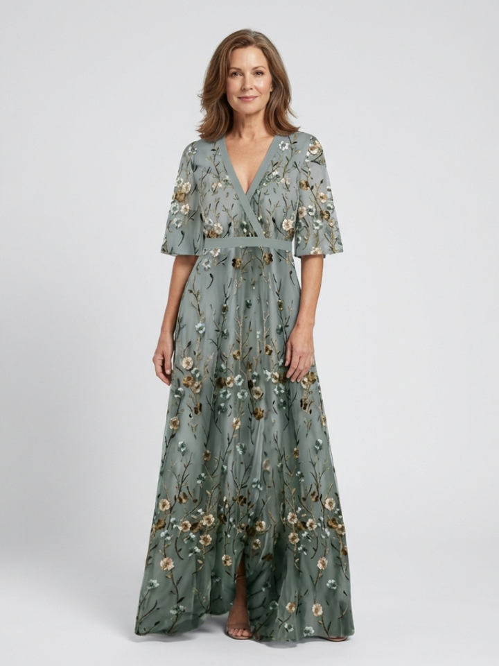 Eva | Floral V Neck Short Sleeve Maxi Dress
