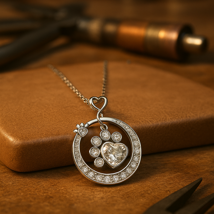 Cute Paw Print Necklace in 925 Sterling Silver with Cubic Zirconia